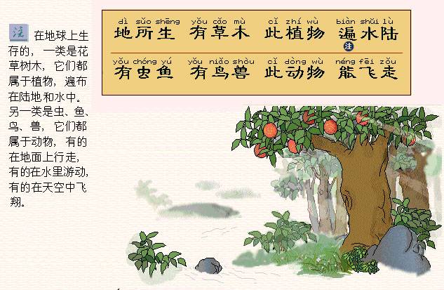 地所生，有草木。此植物，遍水陆。有虫鱼，有鸟兽。此动物，能飞走。