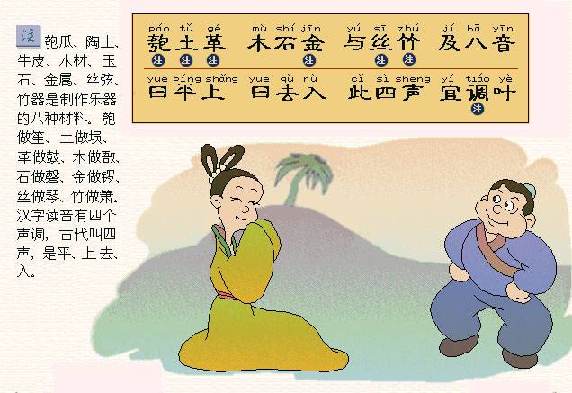 匏土革，木石金。与丝竹，乃八音。曰平上，曰去入。此四声，宜调叶。