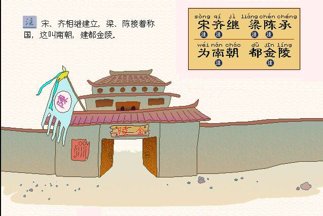 宋齐继，梁陈承。为南朝，都金陵。