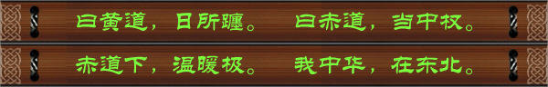 曰黄道，日所躔。曰赤道，当中权。赤道下，温暖极。我中华，在东北。